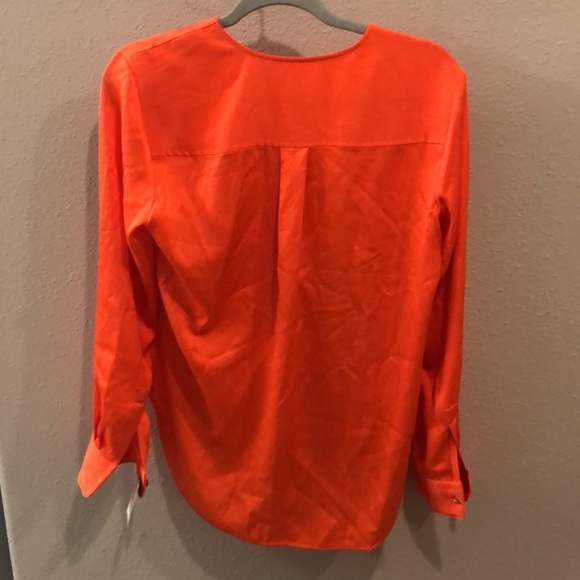 Neon orange DKNY satin low cut blouse with button sleeves. Hi low cut, - Picture 4 of 5